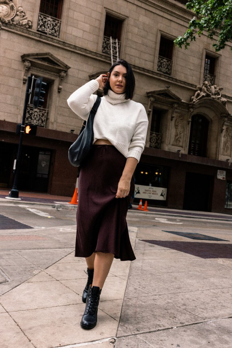 White Turtleneck Sweater with Burgundy Satin Midi — Sweater and Skirt Outfits 2027