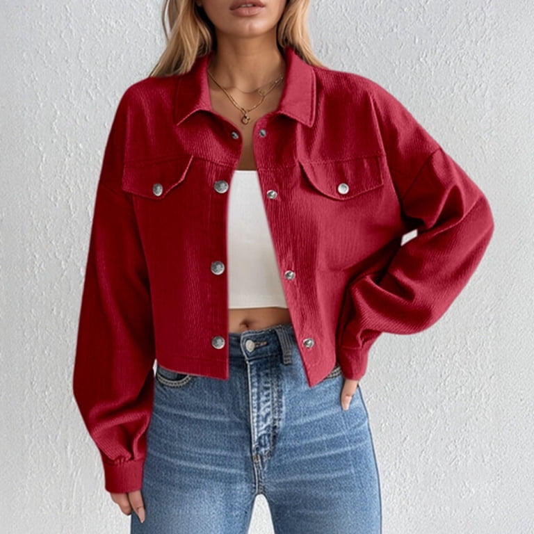 Red Corduroy Cropped Jacket for a Casual Statement — Tall Women Outfits 2027