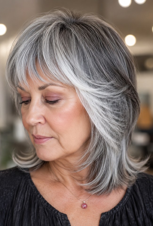 Mid-Back Shag With Grey Highlights Mid-Back Shag With Grey Highlights — Haircuts 2027 for Women Over 50