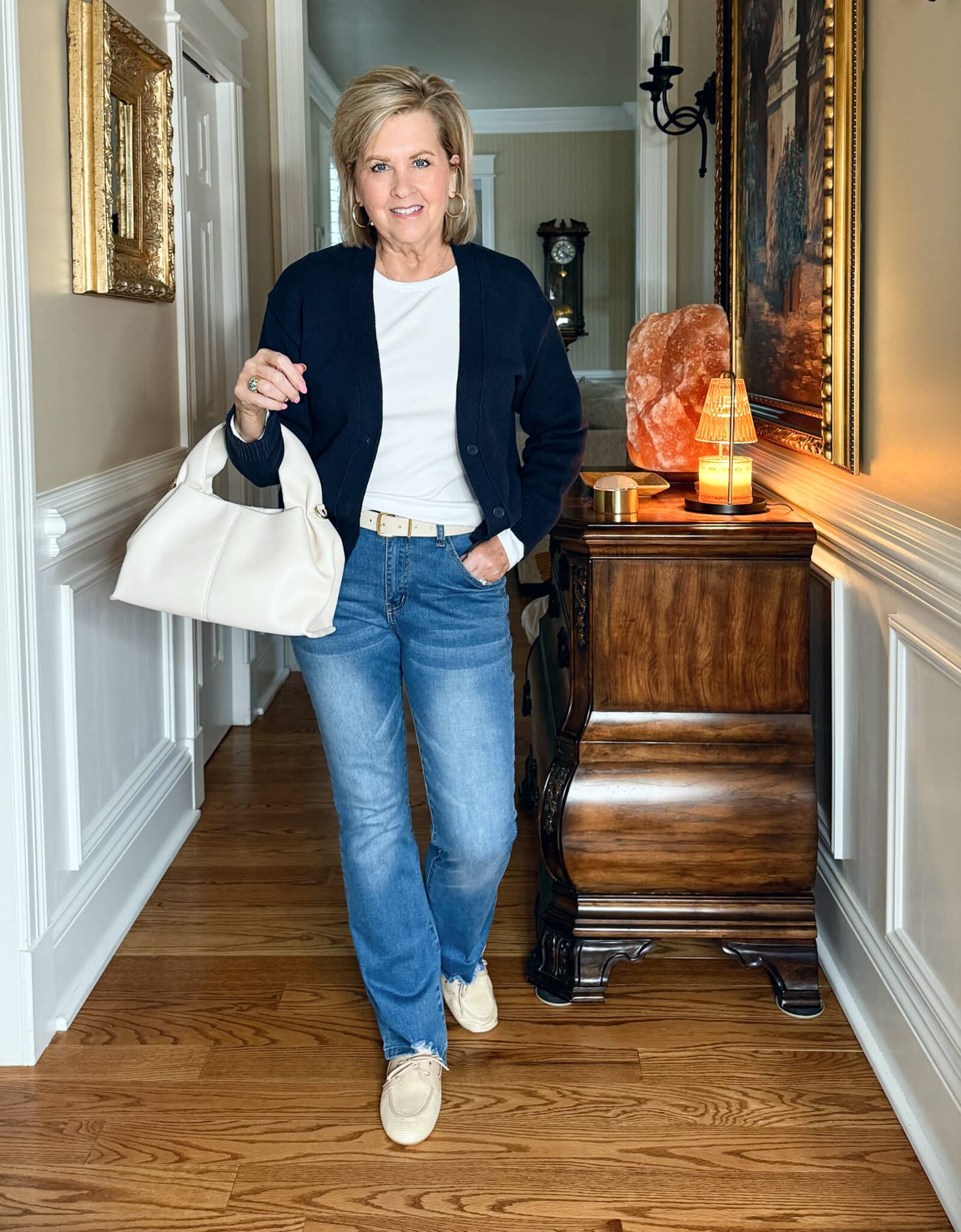 Classic Casual: Navy Cardigan, Jeans, and Loafers — Mothers Day Brunch Outfits 2027