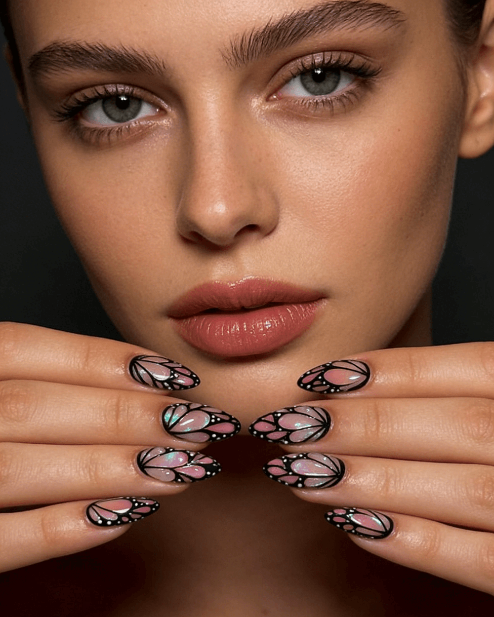 3D Black Iridescent Cat-Eye Almonds — Short Butterfly Almond Nails 2027