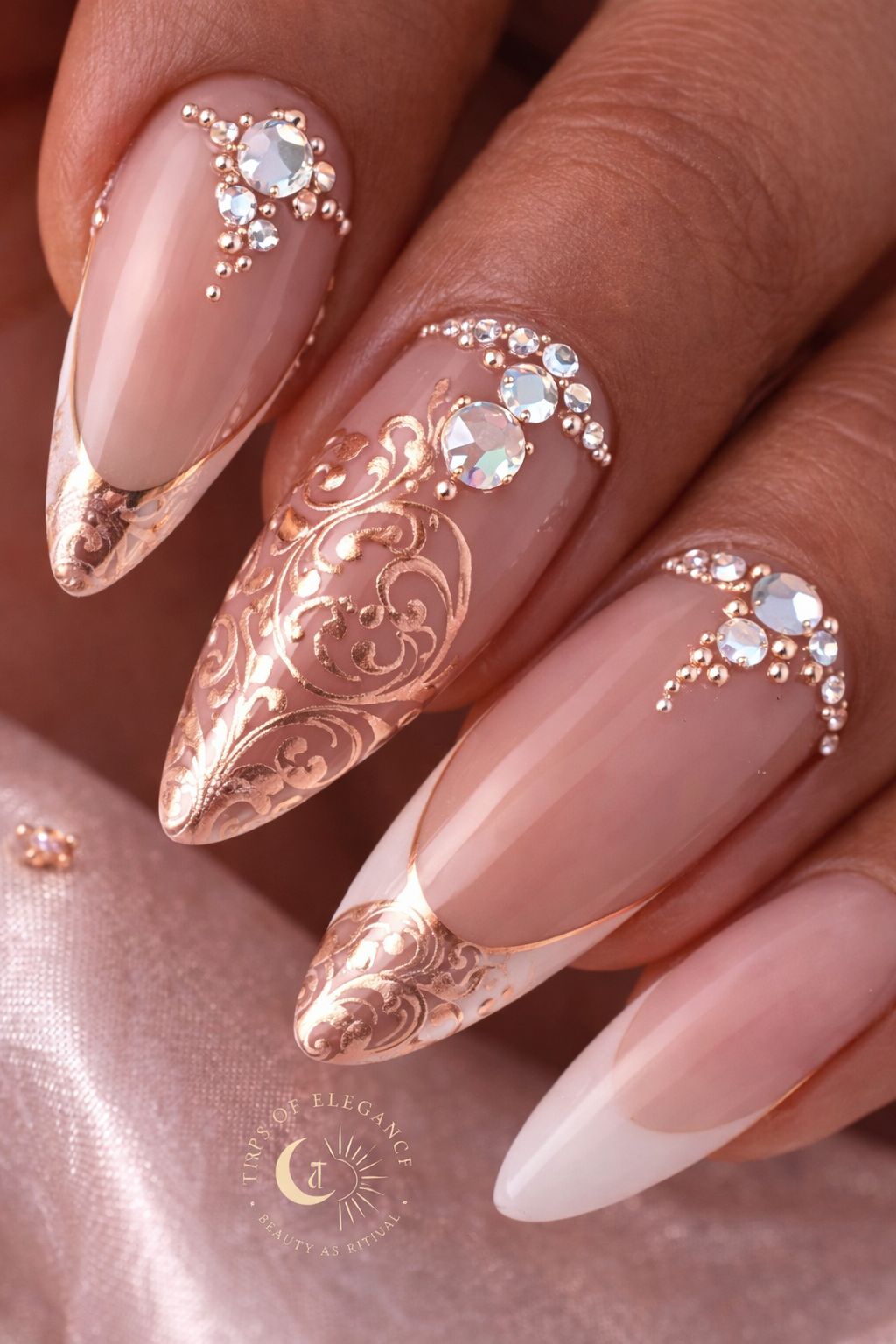 Glossy With Metallic Foil And Gems Visual Idea — Floral Wedding Nails 2027