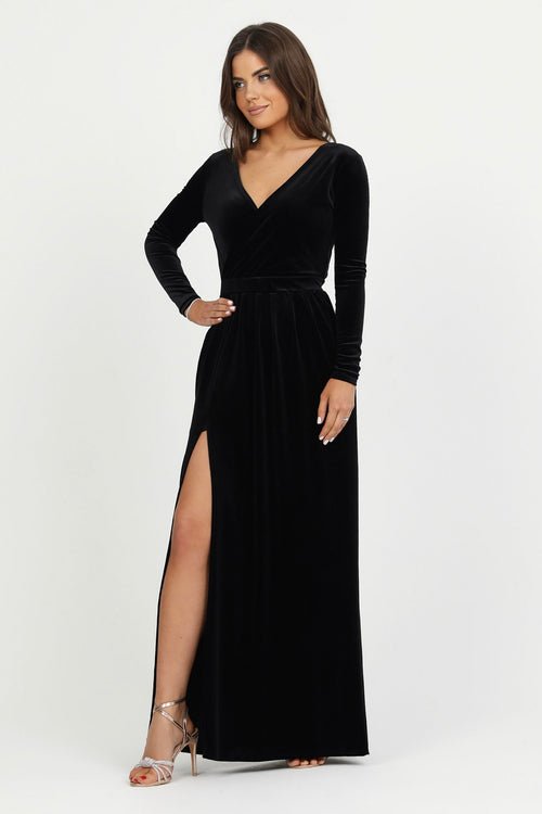 Long Sleeve Velvet Dress with High Leg Slit Long Sleeve Velvet Dress with High Leg Slit — Black Tie Dresses 2027
