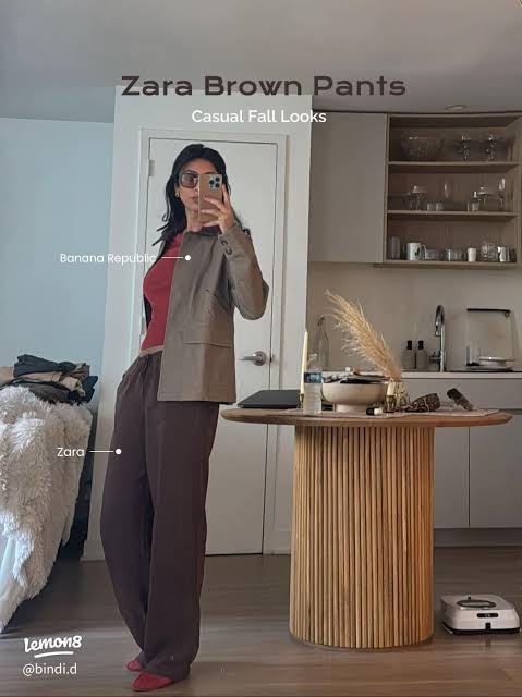 Casual Fall Outfit: Red Top, Grey Blazer, Brown Wide-Leg Pants Casual Fall Outfit: Red Top, Grey Blazer, Brown Wide-Leg Pants — Zara Outfits 2027