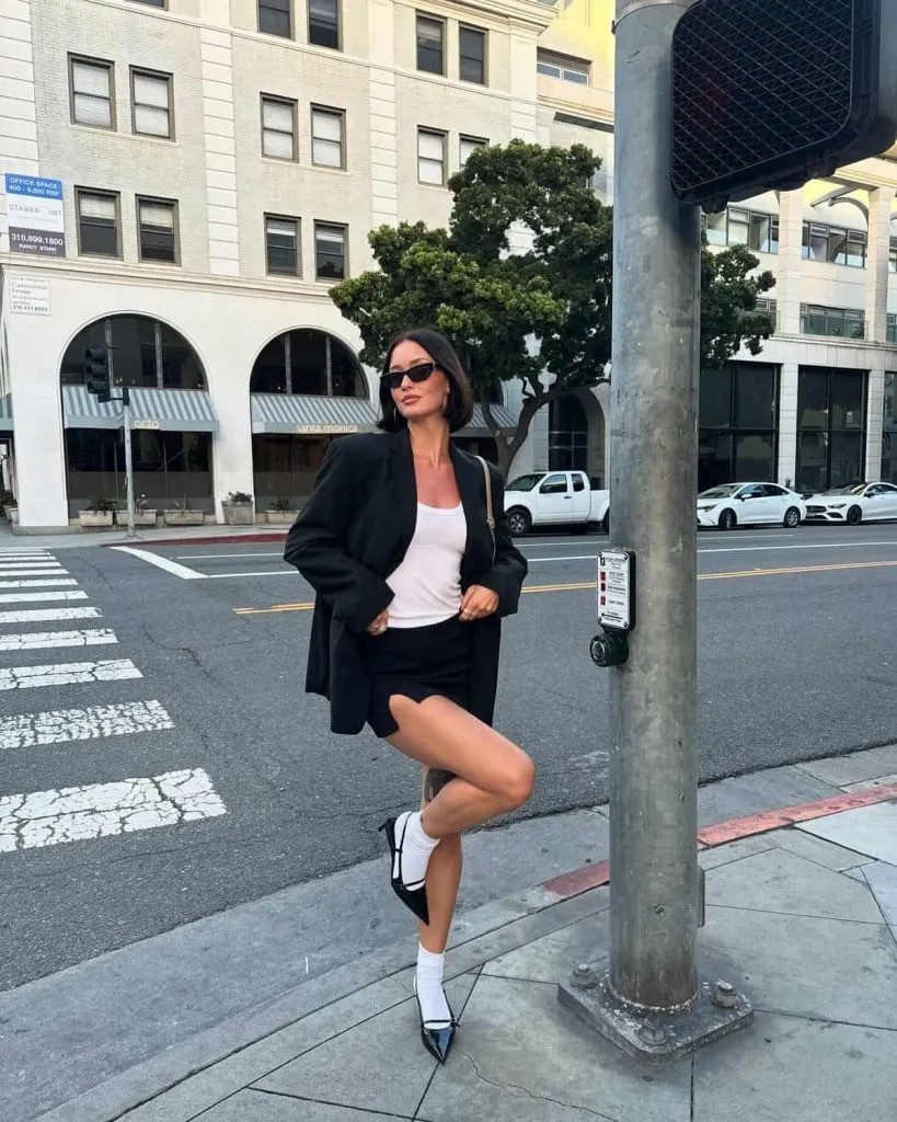 White Crew Socks with Mini Skirt and Pointed-Toe Heels — Socks 2027 with Heels Outfits