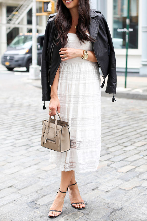 Chic Daytime Ensemble: Lace Midi Dress with Leather Moto Jacket Chic Daytime Ensemble: Lace Midi Dress with Leather Moto Jacket — Dress 2027 with Leather Jacket Outfit
