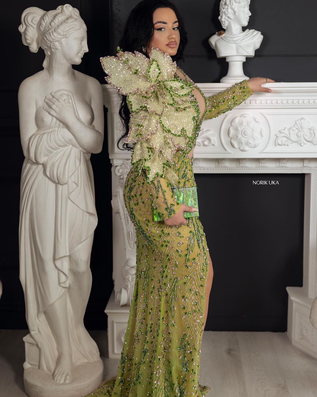 Lime Green Gown with Cut-Outs and Oversized 3D Floral Shoulder Appliqué — 3D Floral Outfits 2027