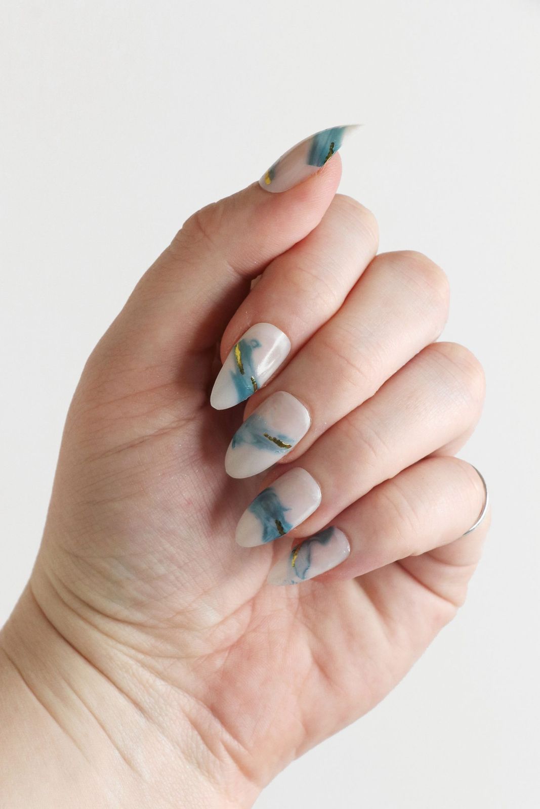 Long Stiletto Blue Teal Watercolor Gold — Blue Watercolor Nails 2027