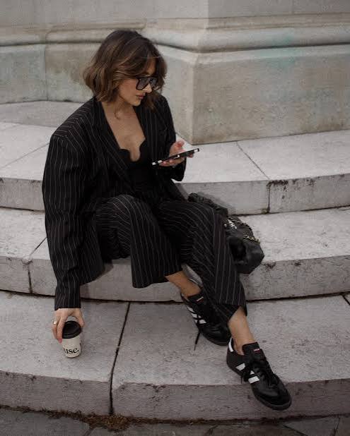 Pinstripe Suit and Lace Camisole with Black Adidas Samba Pinstripe Suit and Lace Camisole with Black Adidas Samba — Adidas Samba Spring Outfits 2027