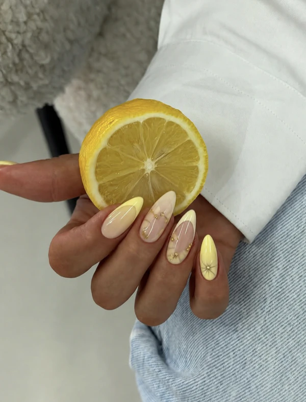 Gold Accent Lemon Almond Nails Gold Accent Lemon Almond Nails — Summer Almond Nails 2027
