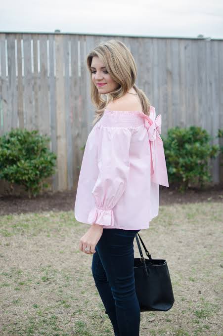 Pink Off-Shoulder Puff Sleeve Top with Navy Fitted Trousers — Off the Shoulder Top Outfits 2027