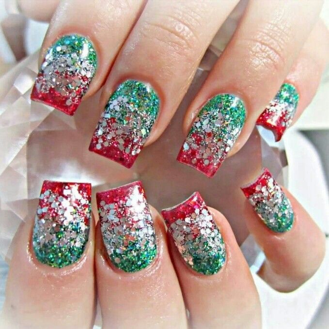 Short Coffin Red Green Glitter Gradient Short Coffin Red Green Glitter Gradient — Sparkly Holiday Nails 2026