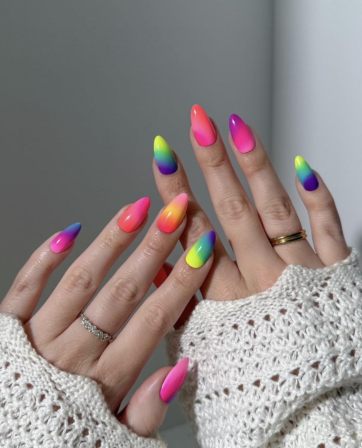 Electric Neon Rainbow Ombre Almonds Electric Neon Rainbow Ombre Almonds — Rainbow Nails 2027
