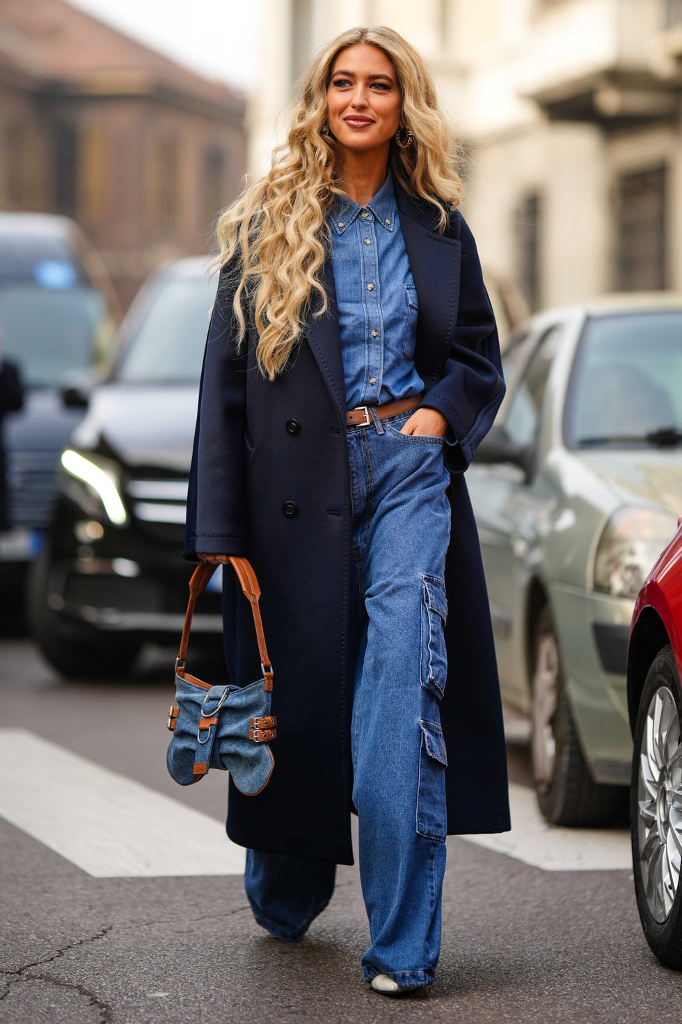 Denim-on-Denim with a Navy Wool Coat and Wide Leg Cargo Jeans — Wide Leg Jeans 2027
