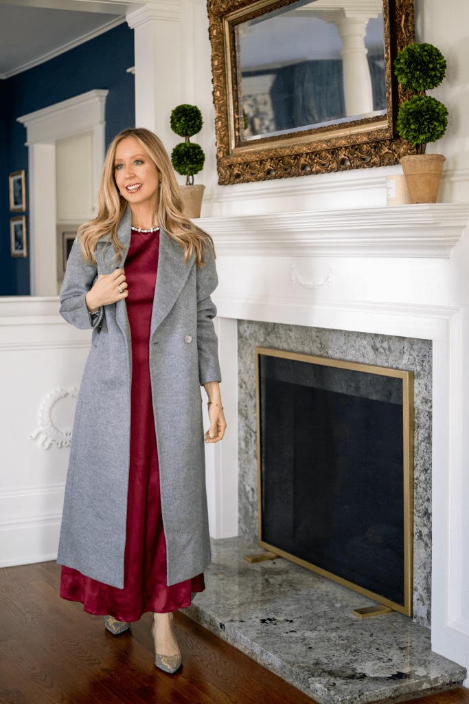 Burgundy Satin Dress Under a Long Grey Wool Coat Burgundy Satin Dress Under a Long Grey Wool Coat — Satin Dress Outfits 2027