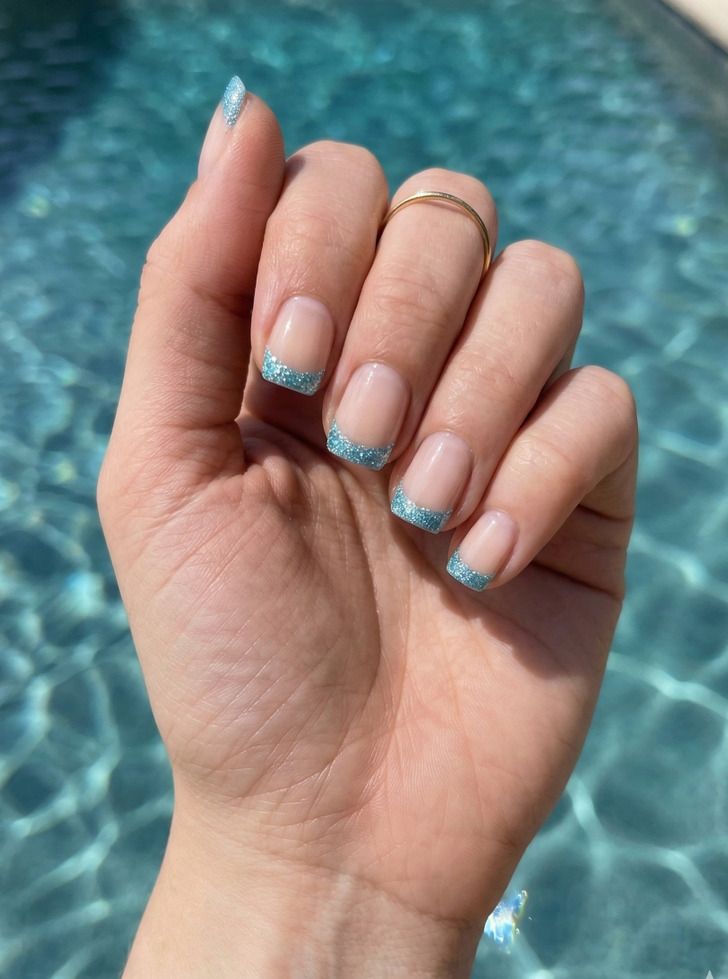 Light Blue Glitter French Square Nails Light Blue Glitter French Square Nails — Swim Nails Team Colors 2027