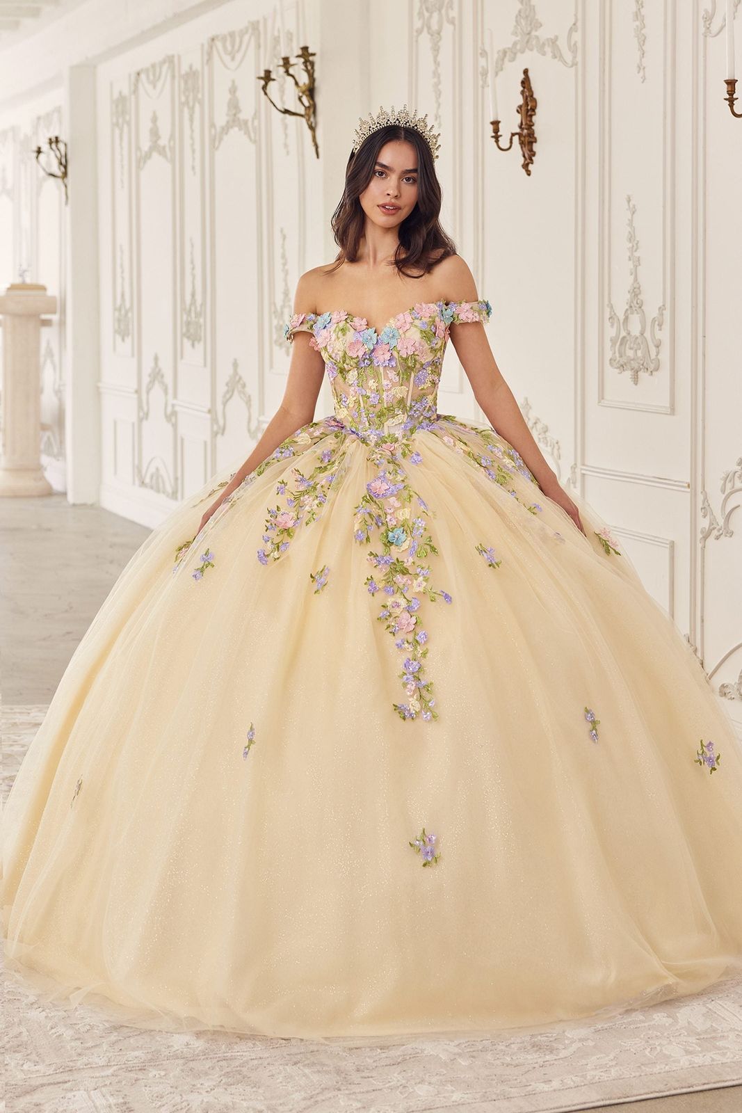 Off-the-Shoulder Champagne Ballgown with Floral Appliques and Capelet — Champagne Quinceanera Dress 2027