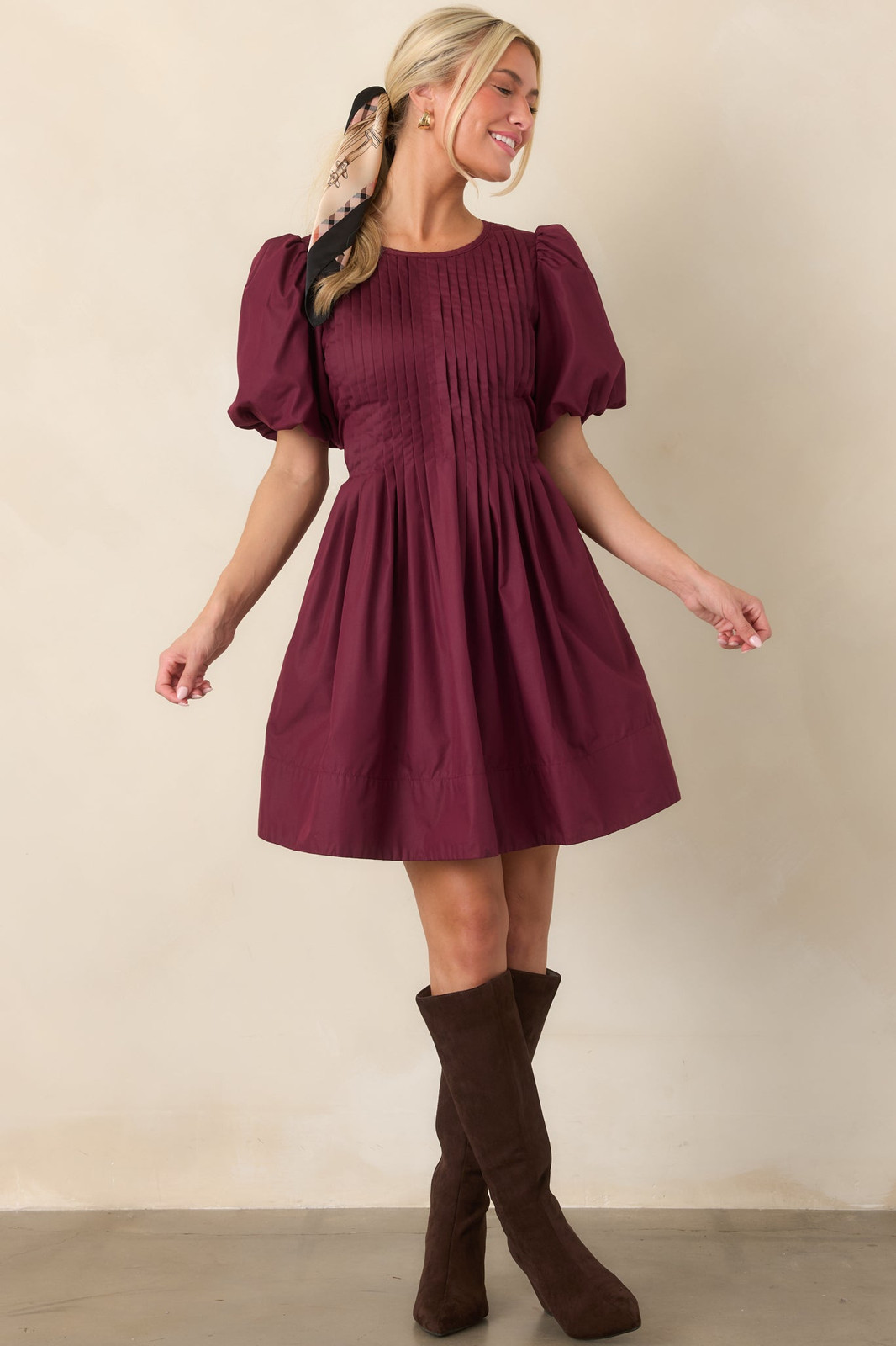 Burgundy A-Line Mini Dress with Puff Sleeves and Headscarf Burgundy A-Line Mini Dress with Puff Sleeves and Headscarf — Mini Dresses 2027 for Skinny Girls