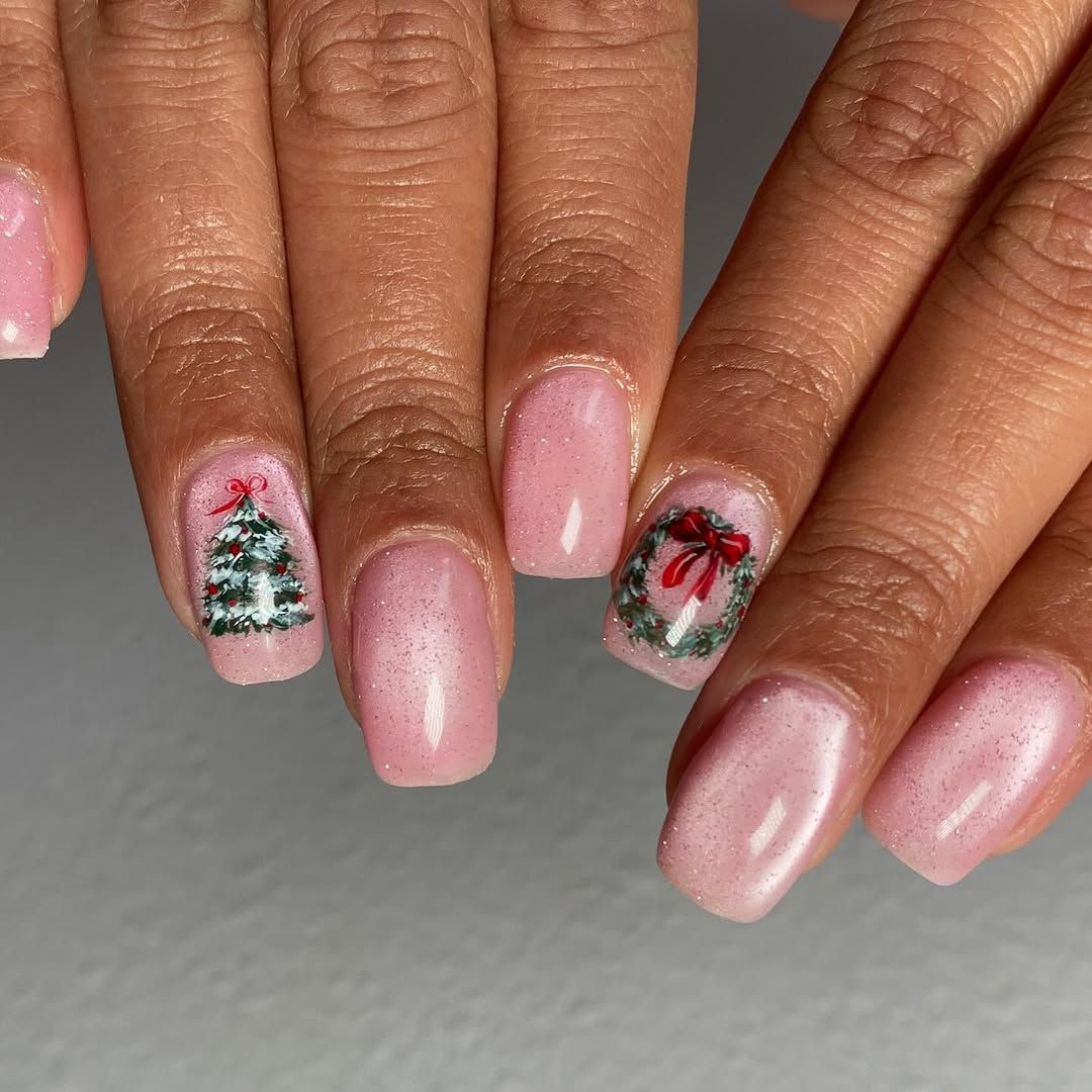 Glitter Pink Christmas Tree and Wreath Glitter Pink Christmas Tree and Wreath — Christmas Nail Art 2026