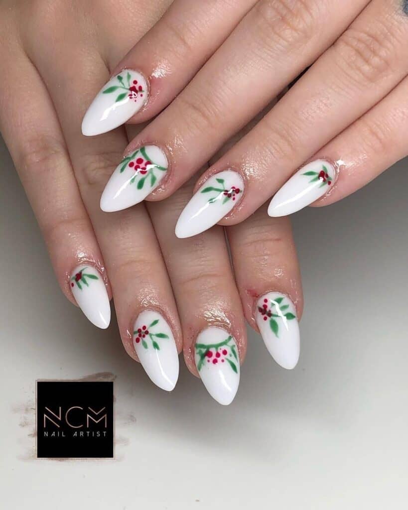 Holly Berry And Leaf Motif On All Nails Visual Idea — White Christmas Nails 2026