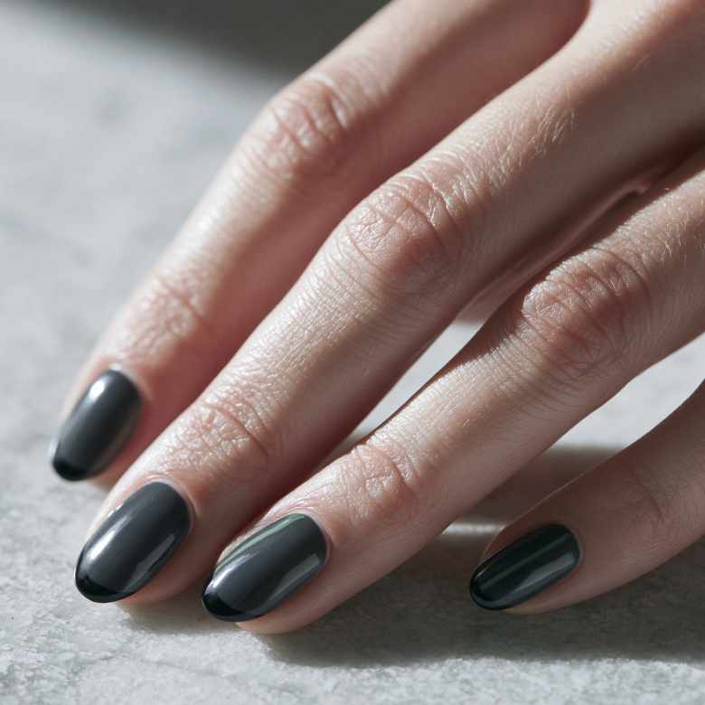 Dark Grey Green Undertone Glossy Nails — Nail Colors 2027