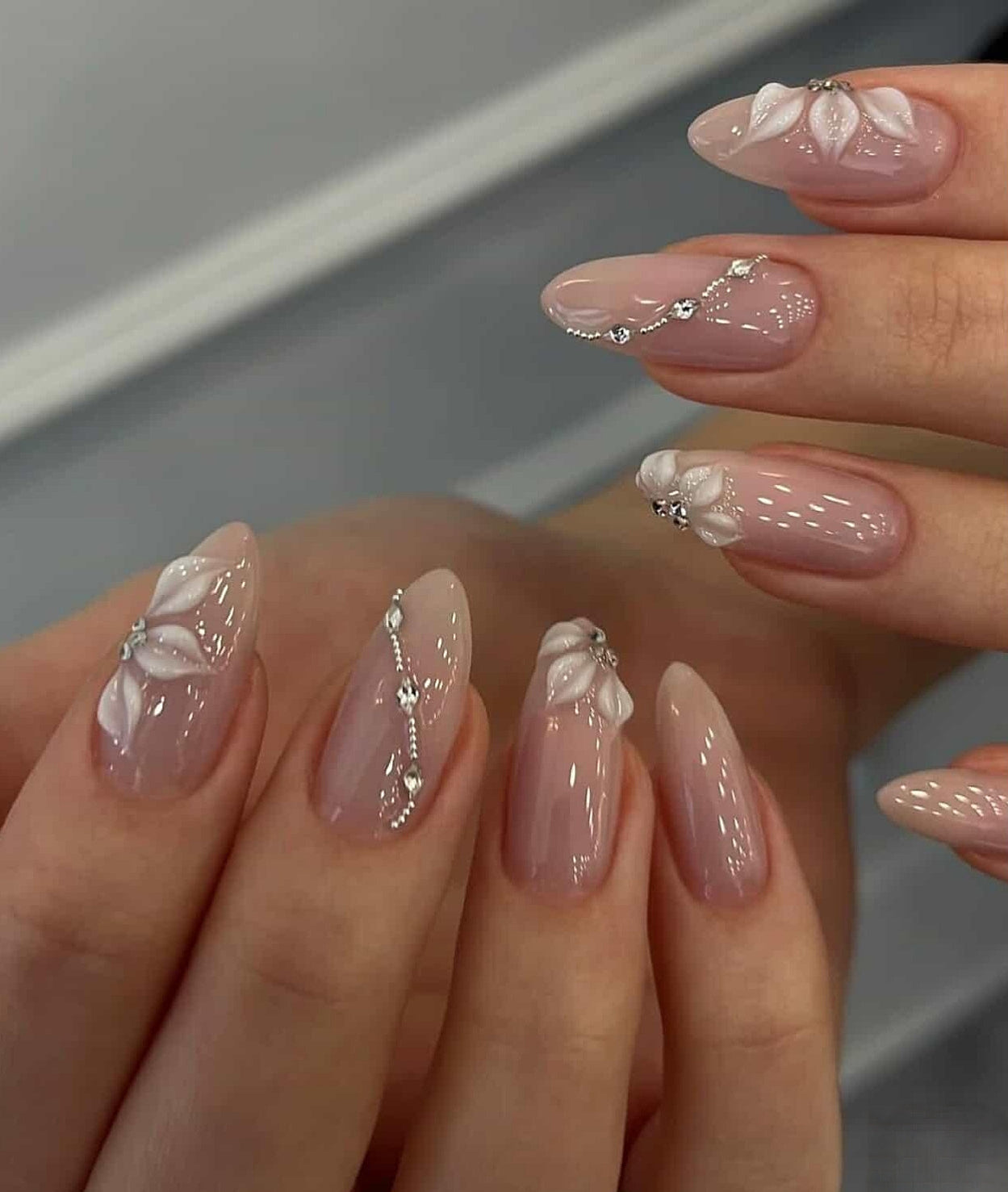 3D Floral Rhinestone Long Almond Nails 3D Floral Rhinestone Long Almond Nails — Date Night Nails 2027