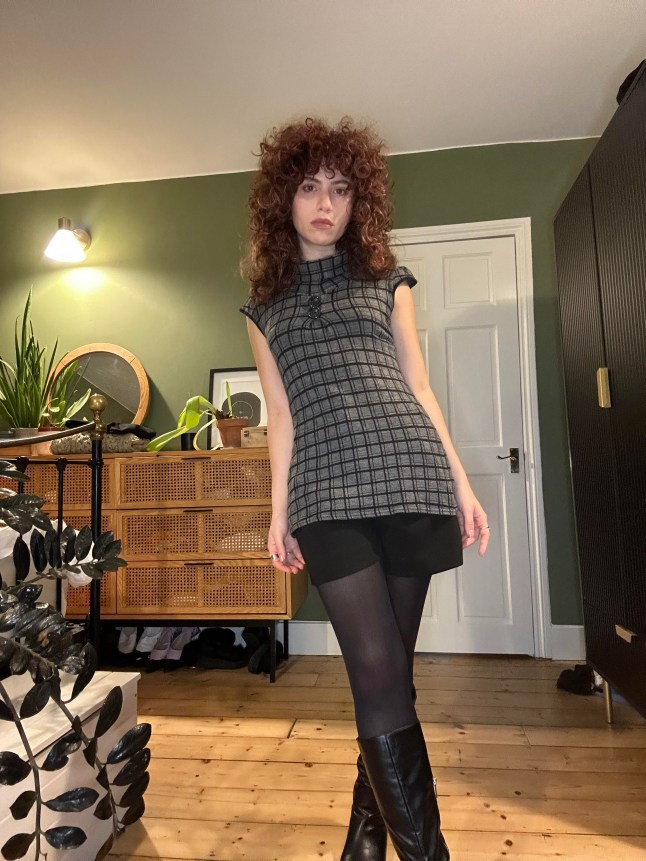 Plaid Sleeveless Dress Over Turtleneck: Subtle Emo Office Style Plaid Sleeveless Dress Over Turtleneck: Subtle Emo Office Style — Emo Outfits 2027