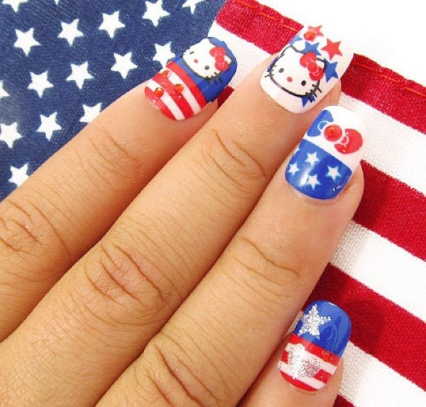 Short Oval Patriotic Hello Kitty Nails — Red Hello Kitty Nails 2027