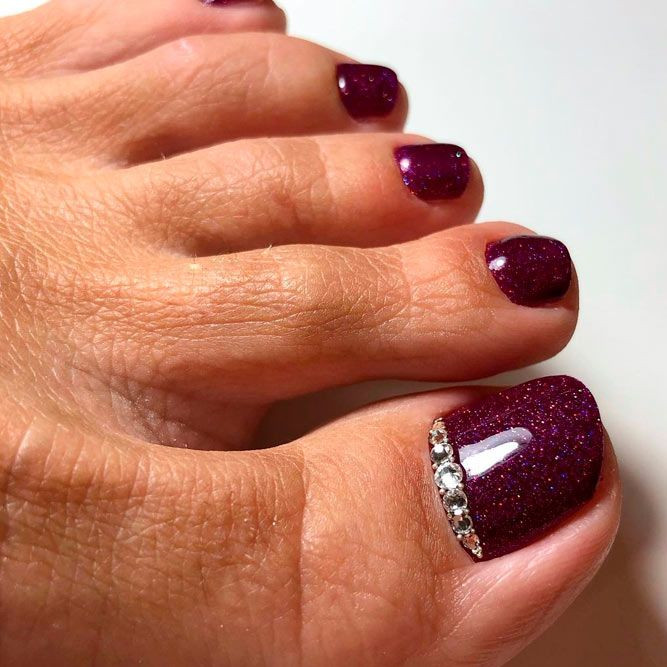 Deep Purple Glitter with Rhinestones — Toe Nails 2027 for Tan Skin