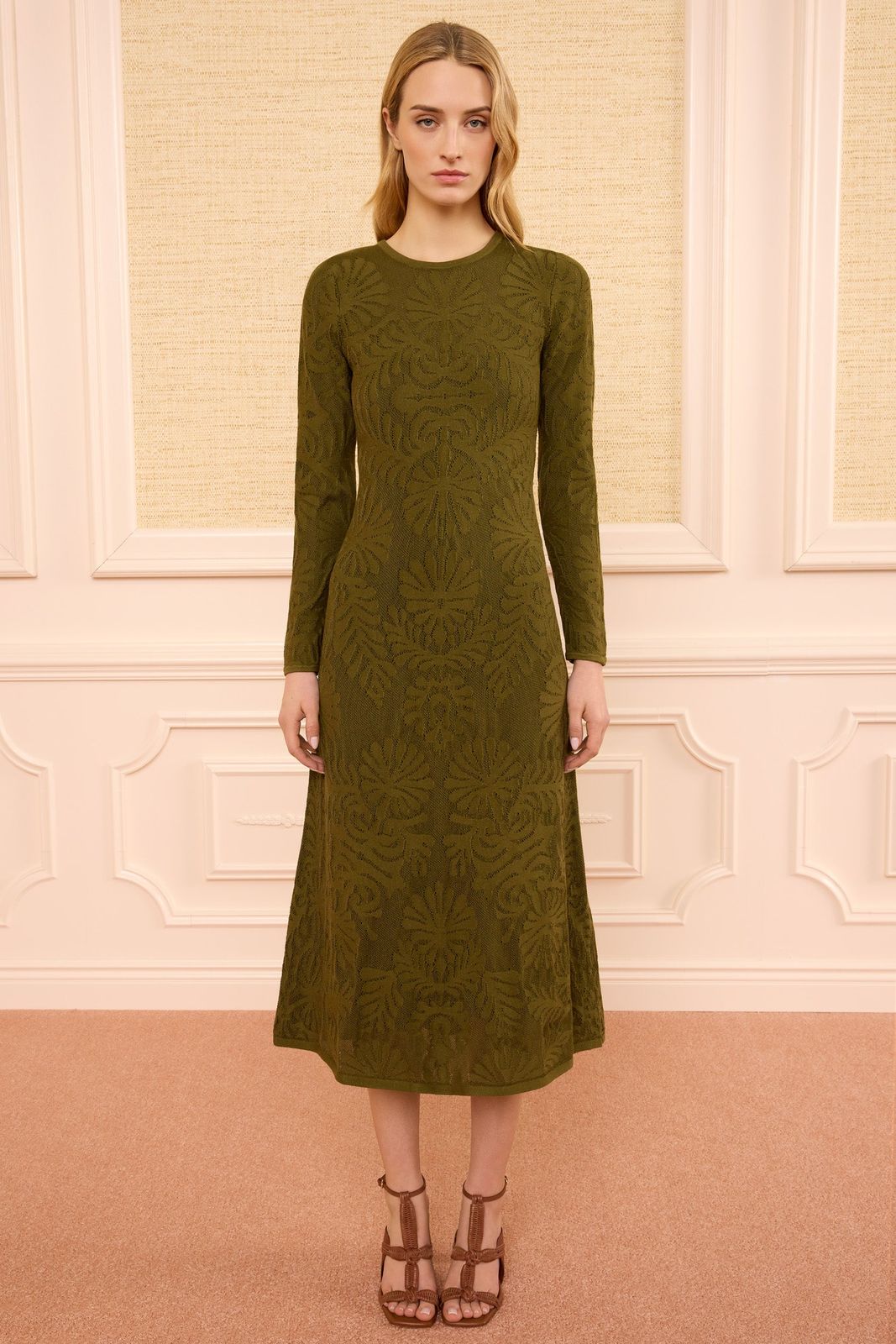 Intricate Pattern Play in a Moss Green Jacquard Midi Dress Intricate Pattern Play in a Moss Green Jacquard Midi Dress — Moss Green Outfits 2027