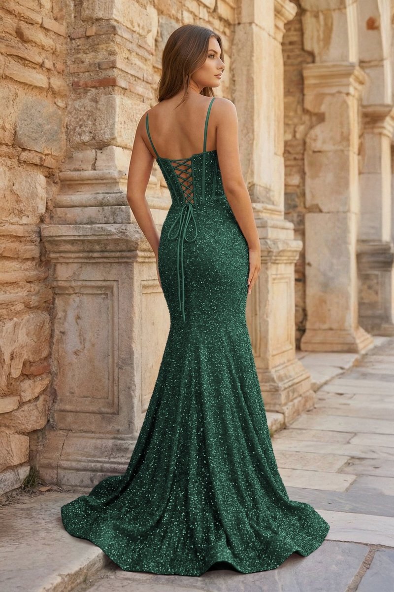 Dark Green Sequined Mermaid Dress with Lace Up Back Dark Green Sequined Mermaid Dress with Lace Up Back — Dark Romantic Outfits 2027