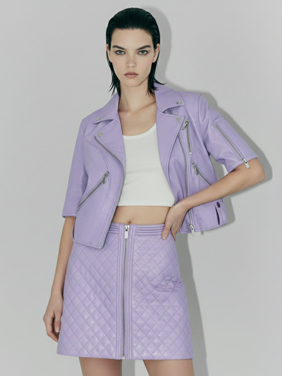 Light Purple Leather Jacket and Quilted Skirt Set Light Purple Leather Jacket and Quilted Skirt Set — Purple Leather Outfits 2027