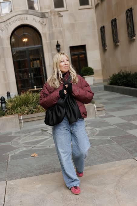 Burgundy Puffer Jacket Over Light Blue Jeans Burgundy Puffer Jacket Over Light Blue Jeans — Winter Colorful Outfits 2027