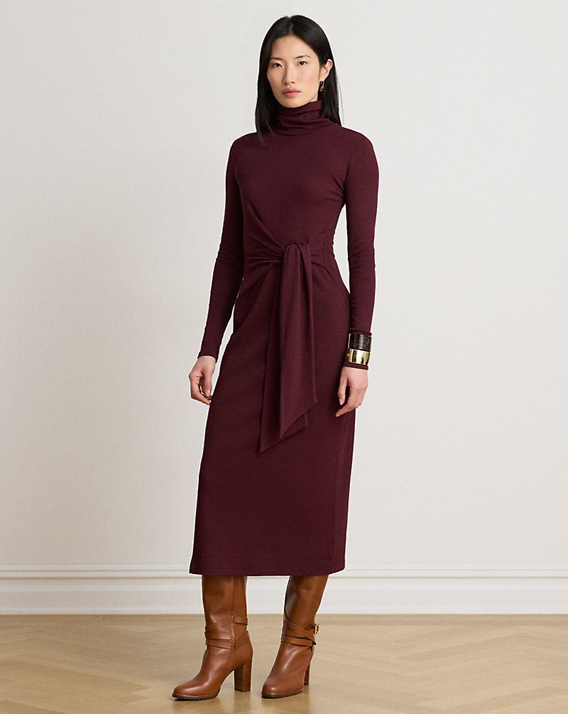 Burgundy Ribbed Knit Turtleneck Midi Dress — Turtleneck Outfits 2027