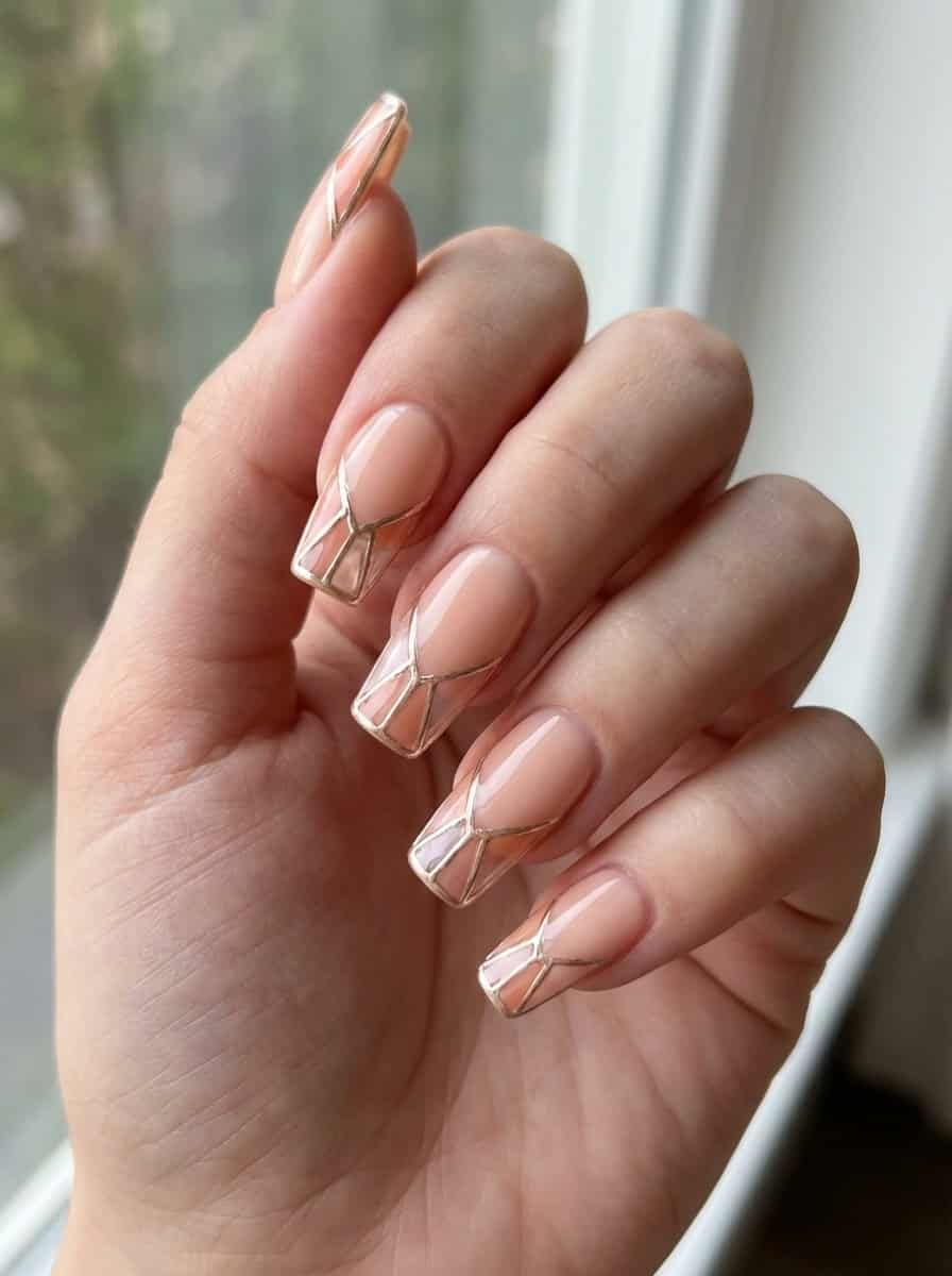 Elegant Gold Geometric Line Art — Peach Nails 2027 for Pale Skin