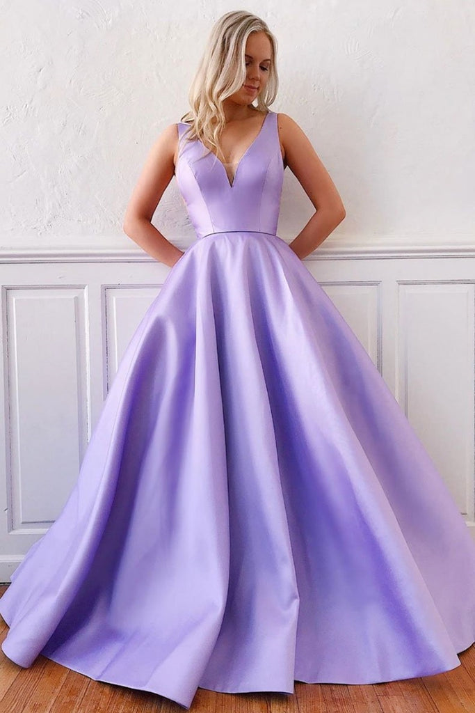 Light Purple Satin Ballgown with Simple V-Neckline Light Purple Satin Ballgown with Simple V-Neckline — Purple Prom Dresses 2027