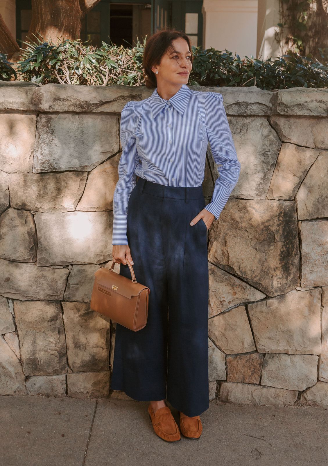 Tan Loafers Outfit Idea Tan Loafers Outfit Idea — Navy Blue Pleated Pants Outfits 2027