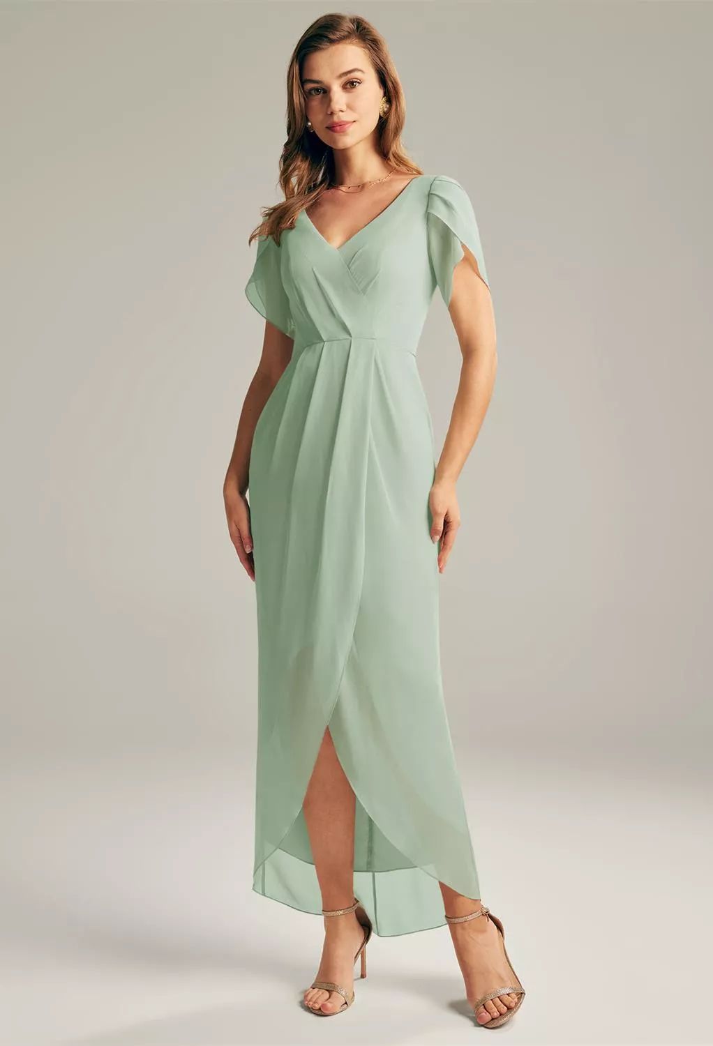 Sage Green Chiffon Midi with Flutter Sleeves Sage Green Chiffon Midi with Flutter Sleeves — Wedding Guest Outfits Barn 2027