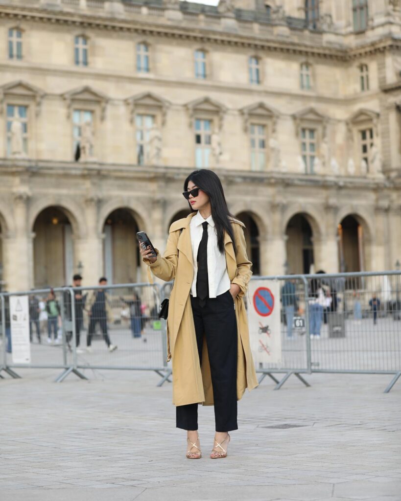 Smart Casual: Beige Trench with Tie and Wide-Leg Trousers — Spring Outfits 2027 with Trench Coat