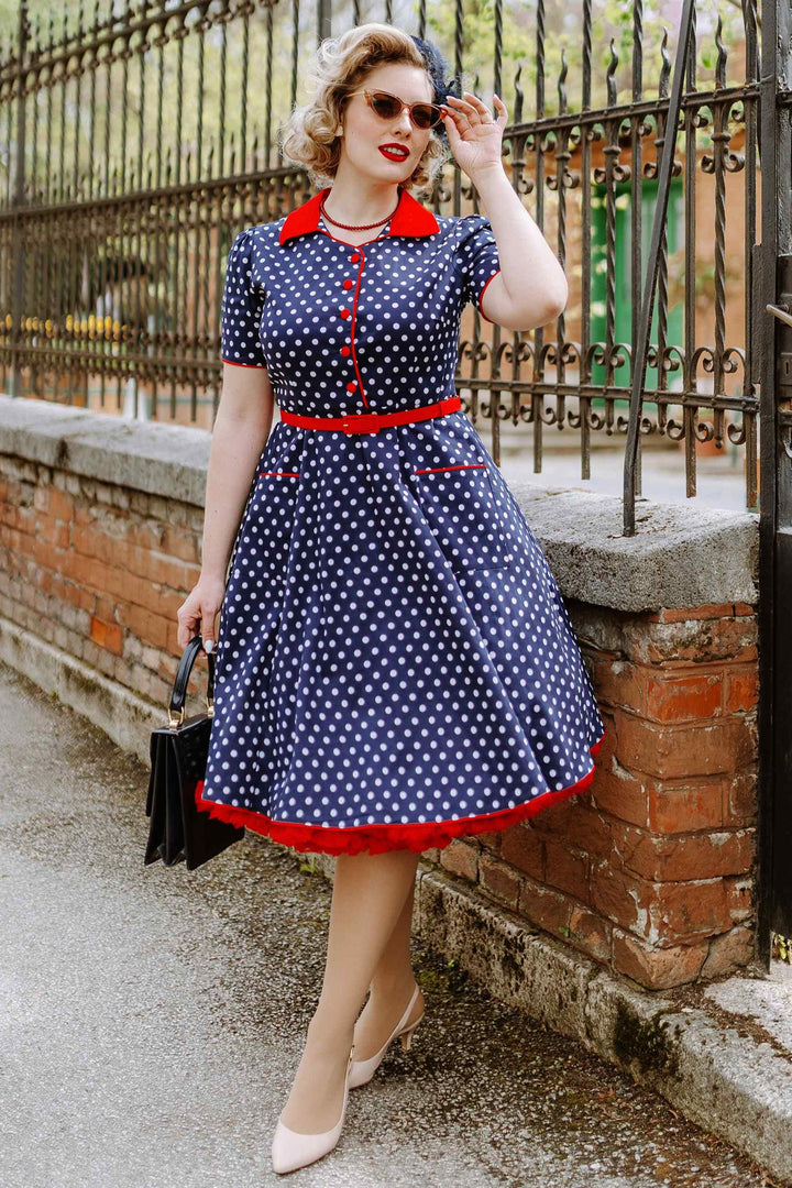 Casual Daytime Event Navy Polka Dot Dress with Red Trim and Petticoat Casual Daytime Event Navy Polka Dot Dress with Red Trim and Petticoat — Pin Up Outfits 2027
