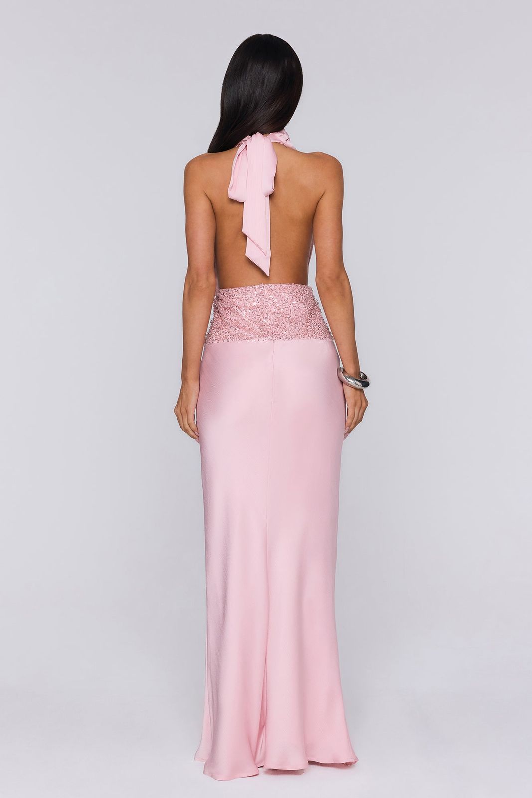 Blush Pink Satin Halter Maxi Dress with Open Back and Sequined Waist Blush Pink Satin Halter Maxi Dress with Open Back and Sequined Waist — Blush Rehearsal Dinner Dress 2027