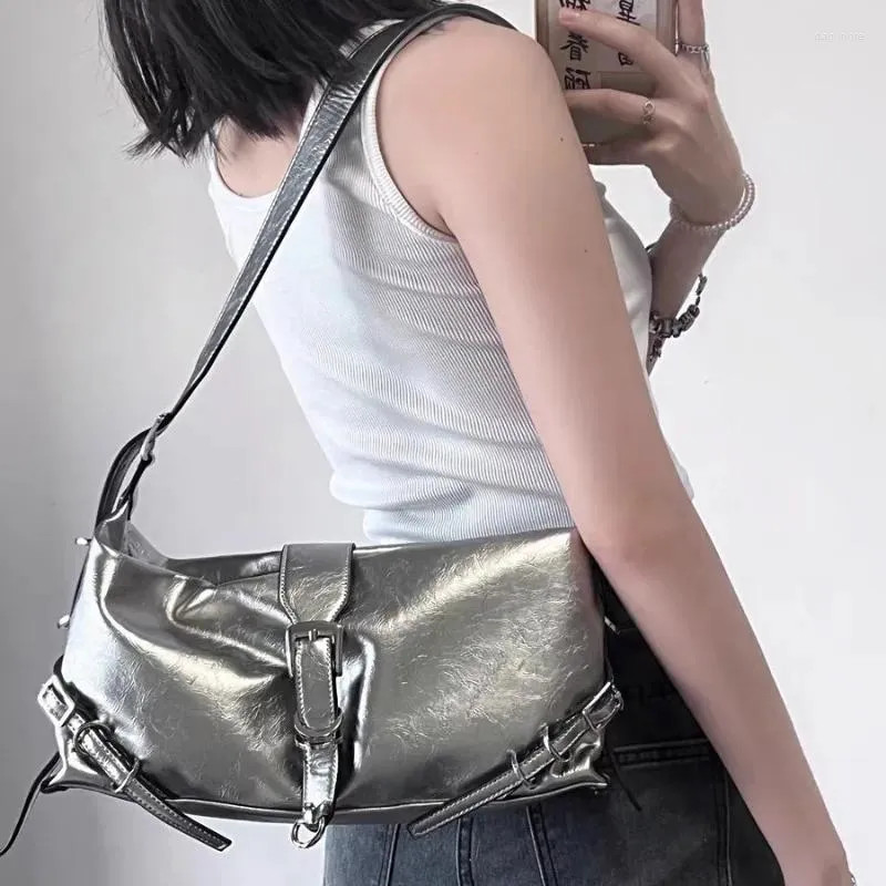 Metallic Silver Baguette Bag with Buckles and White Tank Metallic Silver Baguette Bag with Buckles and White Tank — Baguette Bag Aesthetic 2027