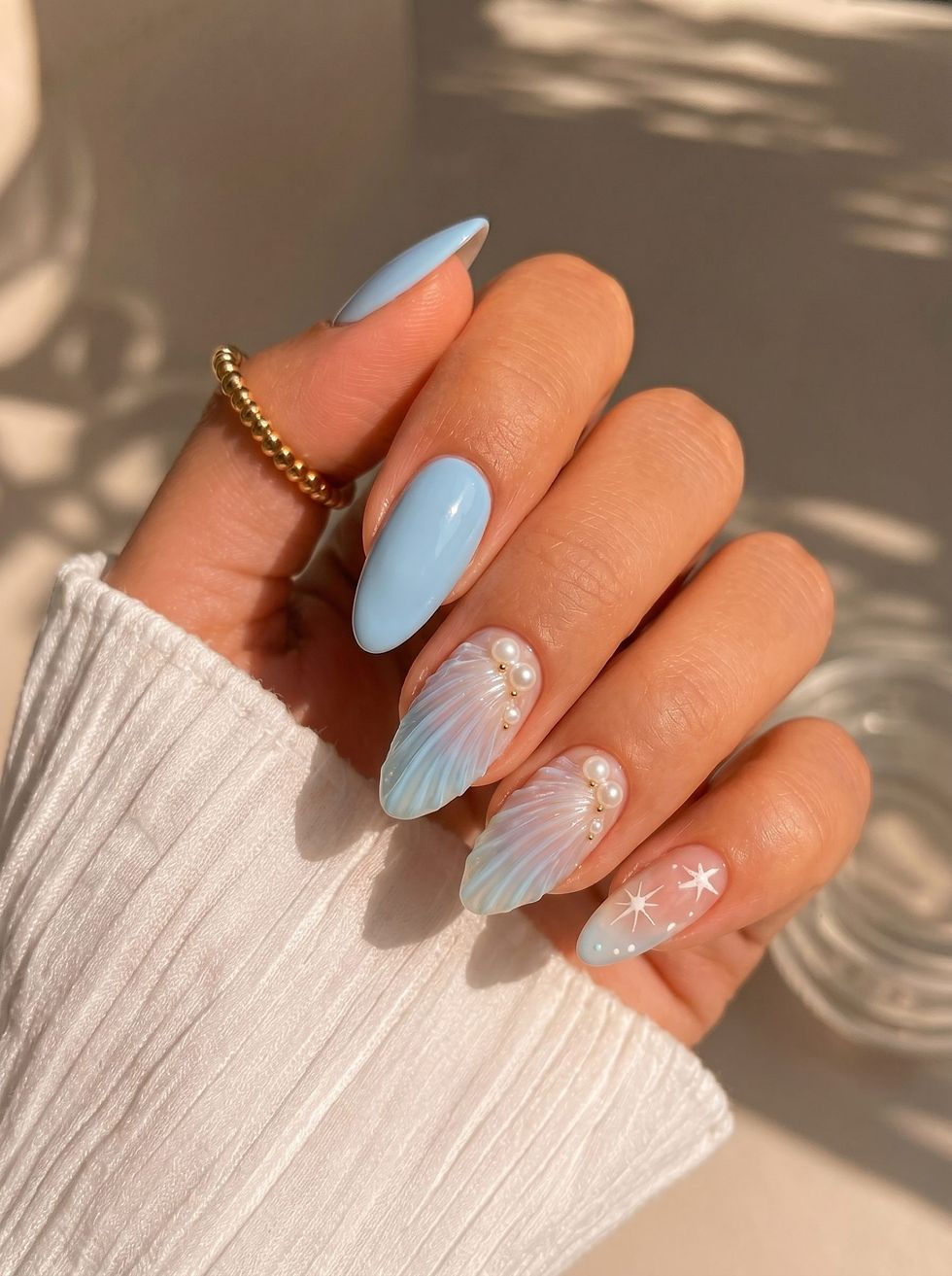Delicate Seashell Almond Nails — Coastal Nails 2027