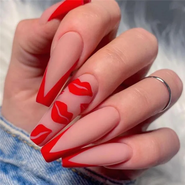 Matte Nude Red Lips French Coffin Nails Matte Nude Red Lips French Coffin Nails — Valentines Coffin Nails 2027