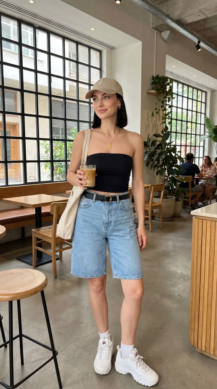 Wide-Leg Jorts with Strapless Top and Chunky Sneakers Wide-Leg Jorts with Strapless Top and Chunky Sneakers — Jorts Outfits 2027