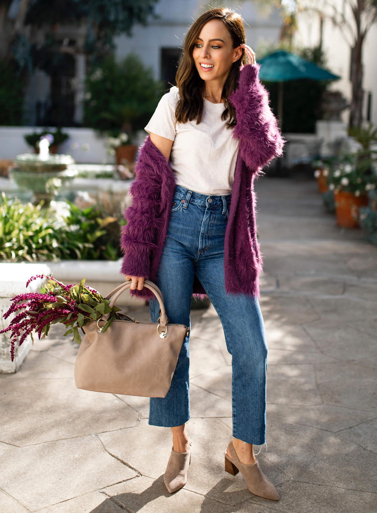 Vibrant Purple Fuzzy Cardigan with Straight-Leg Jeans Vibrant Purple Fuzzy Cardigan with Straight-Leg Jeans — Fall Cardigan Outfits 2026