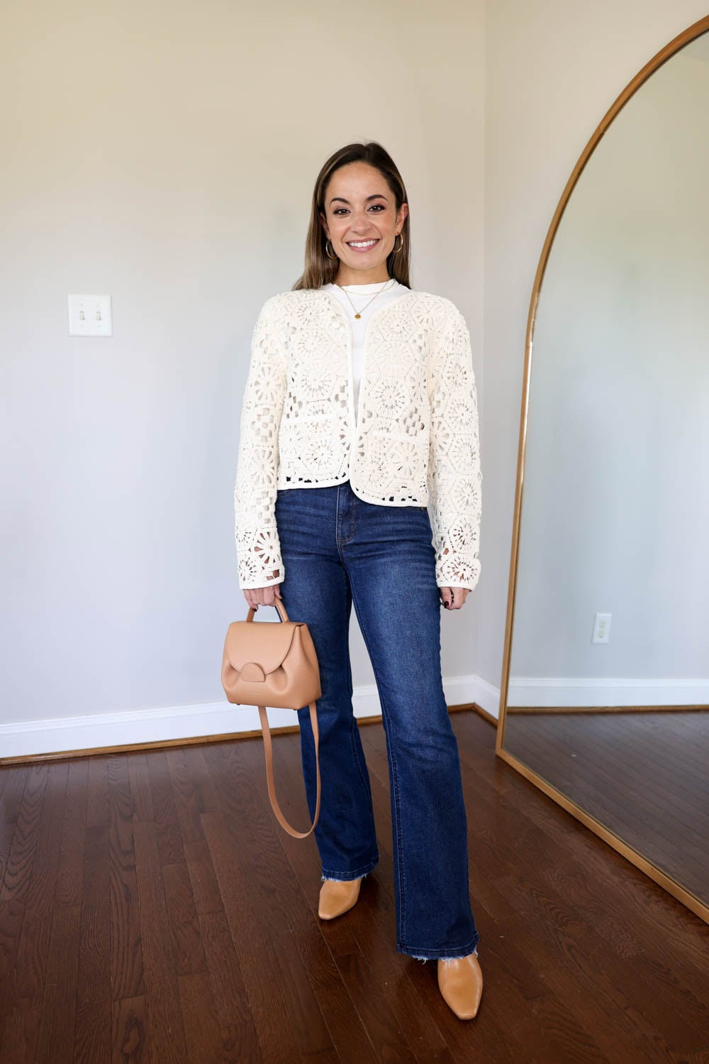 Dark Wash Bootcut Jeans with a Crochet Jacket — Work Bootcut Jeans Outfits 2027