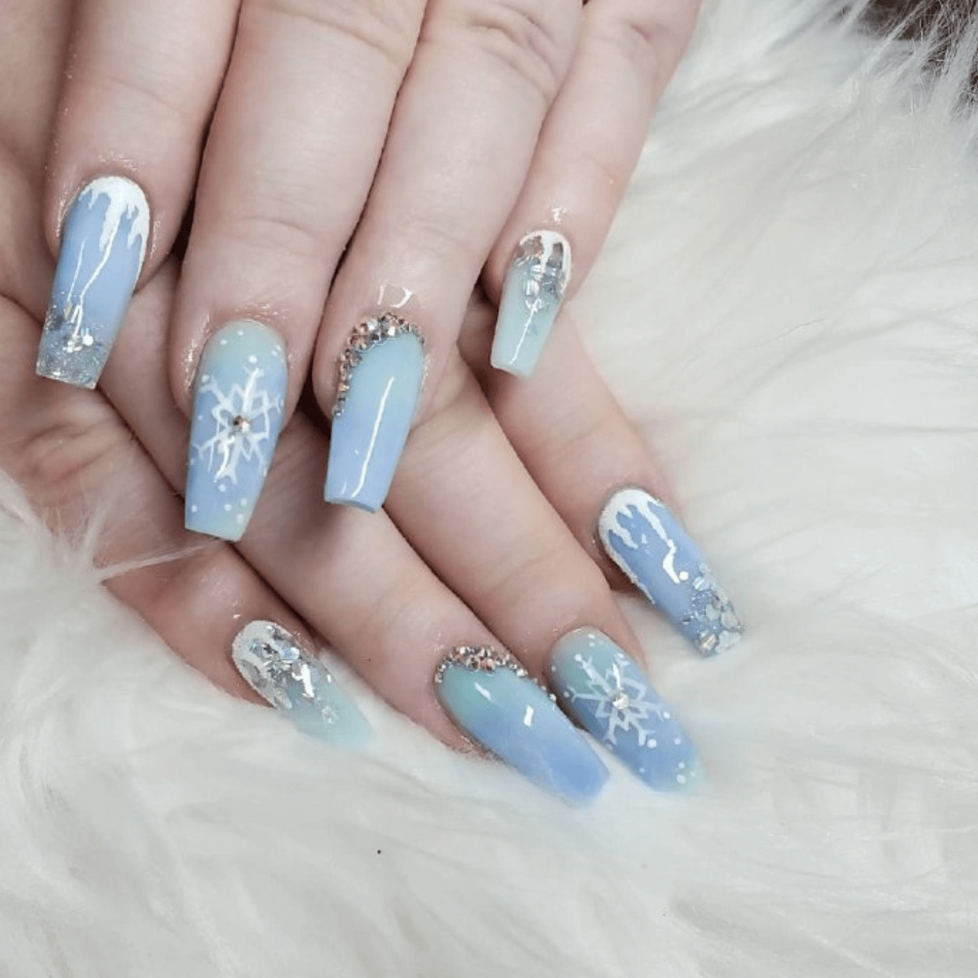 Light Blue Ombre Snowflake Nails Light Blue Ombre Snowflake Nails — Medium Length Winter Nails 2027