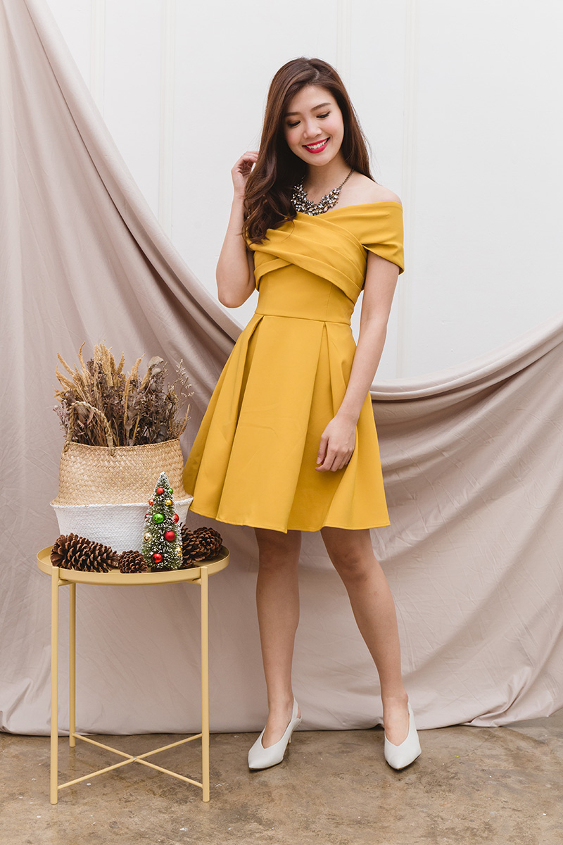 Mustard Yellow Off-the-Shoulder A-Line Dress with Statement Necklace — Mustard Outfits 2027
