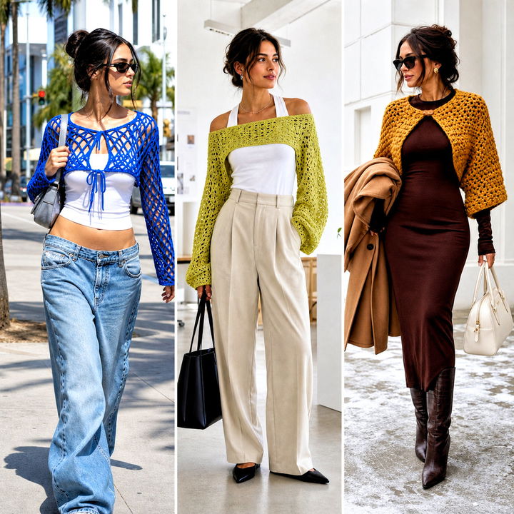 Vibrant Crochet Sweater with Pearl Necklaces — Y2K Outfits 2027